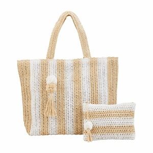 MUDPIE WHITE NEUTRAL STRAW TOTE SET